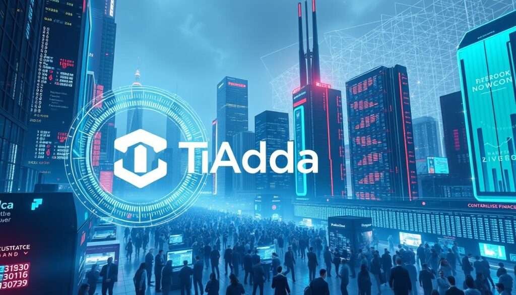 A futuristic cityscape with towering skyscrapers and neon-lit holographic displays, showcasing the cutting-edge technology of cryptocurrency and blockchain. In the foreground, a TimeAdda logo floats amidst swirling data streams and cryptographic patterns. The middle ground features a throng of people interacting with virtual financial interfaces, while the background is dominated by a vast, interconnected network of servers and nodes, pulsing with the energy of decentralized finance. The scene is bathed in a cool, electrifying glow, reflecting the innovative and disruptive nature of these emerging technologies.