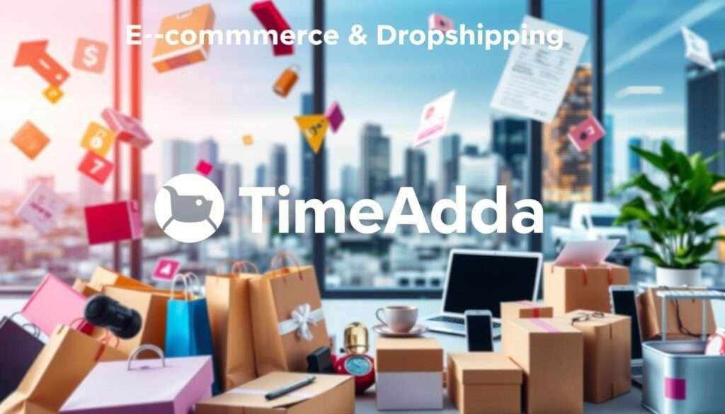 A vibrant e-commerce and dropshipping business scene, with the TimeAdda brand prominently displayed. In the foreground, a diverse array of online shopping bags, product boxes, and transaction documents float against a blurred background. The middle ground features a sleek, modern desktop setup with a laptop, smartphone, and other digital devices, conveying the technological aspects of the industry. The background showcases a bustling cityscape, hinting at the global reach and interconnectedness of the e-commerce landscape. The overall scene exudes a sense of productivity, innovation, and potential for financial success, capturing the essence of the "ई-कॉमर्स और ड्रॉपशिपिंग अवसर" section.